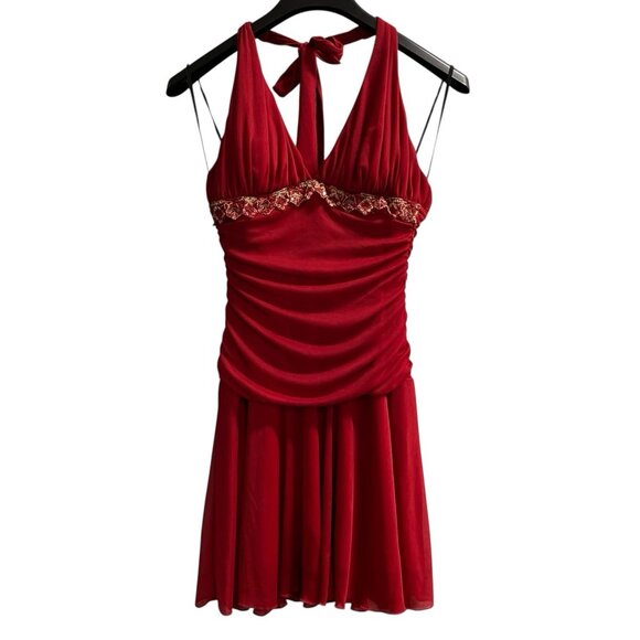 Vintage Y2K City Triangles Dress L Red Babydoll Halter Sequin Asymmetrical Fairy - Picture 1 of 11